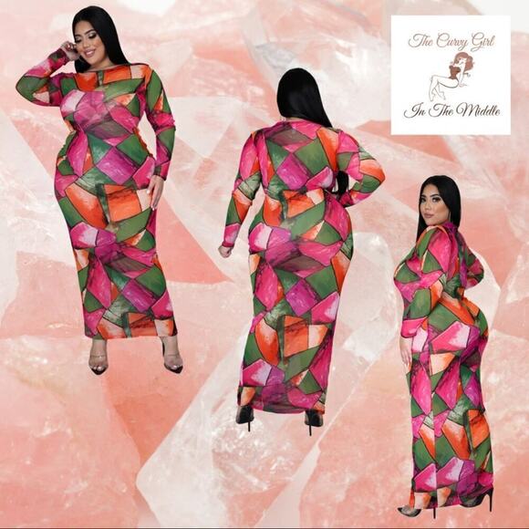 🛍️ Multi-Print Curvy Plus Sheer Dress 1X - 3X (BOUTIQUE) - Picture 2 of 4